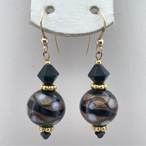 Artisan Black Gold Foil Glass Bead Earrings Polka Dot Dangle Hook Boho